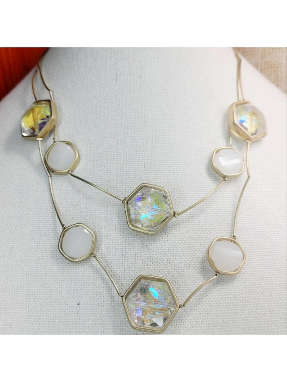 Double Strand Gold Tone Iridescent Crystal Necklace